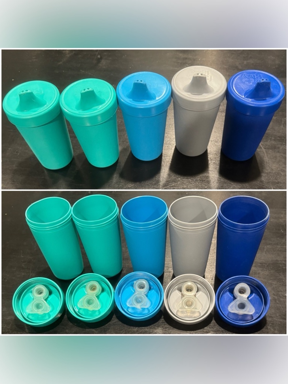 4/$15– (5) Replay Reusable Travel Cups in Teal, Aqua, Blue, Gray